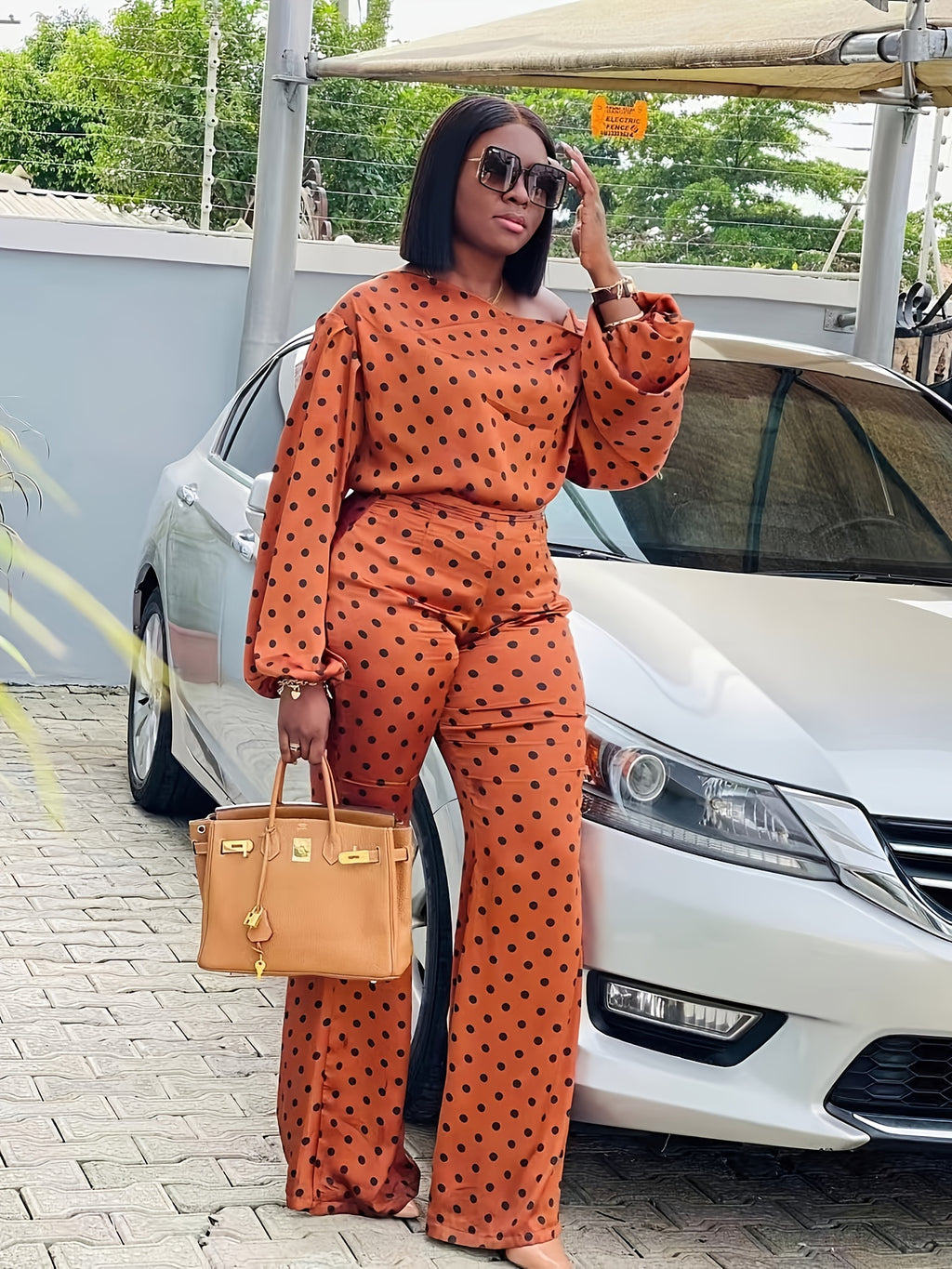 Polka Dot Off-Shoulder 2-Piece Set for Women - Long Sleeve Top & Wide-Leg Pants Loose Casual Matching Outfit
