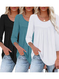 3pcs Women's Top Set 3/4 Sleeve Casual Loose Round Neck Pleated T-Shirt Fashion Everyday Tee Pack Spring Summer S-XXL