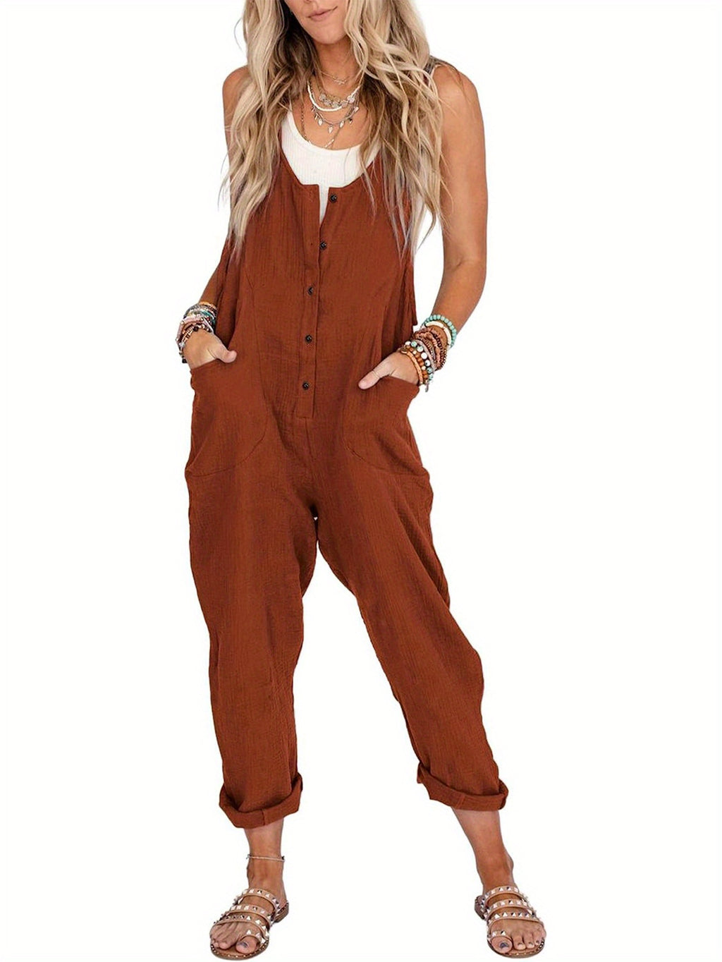 Linen Jumpsuit Women Wide Leg Casual Loose Overalls with Pockets Sleeveless Adjustable Strap Summer Palazzo Pants Romper Beige Black XS-XXL