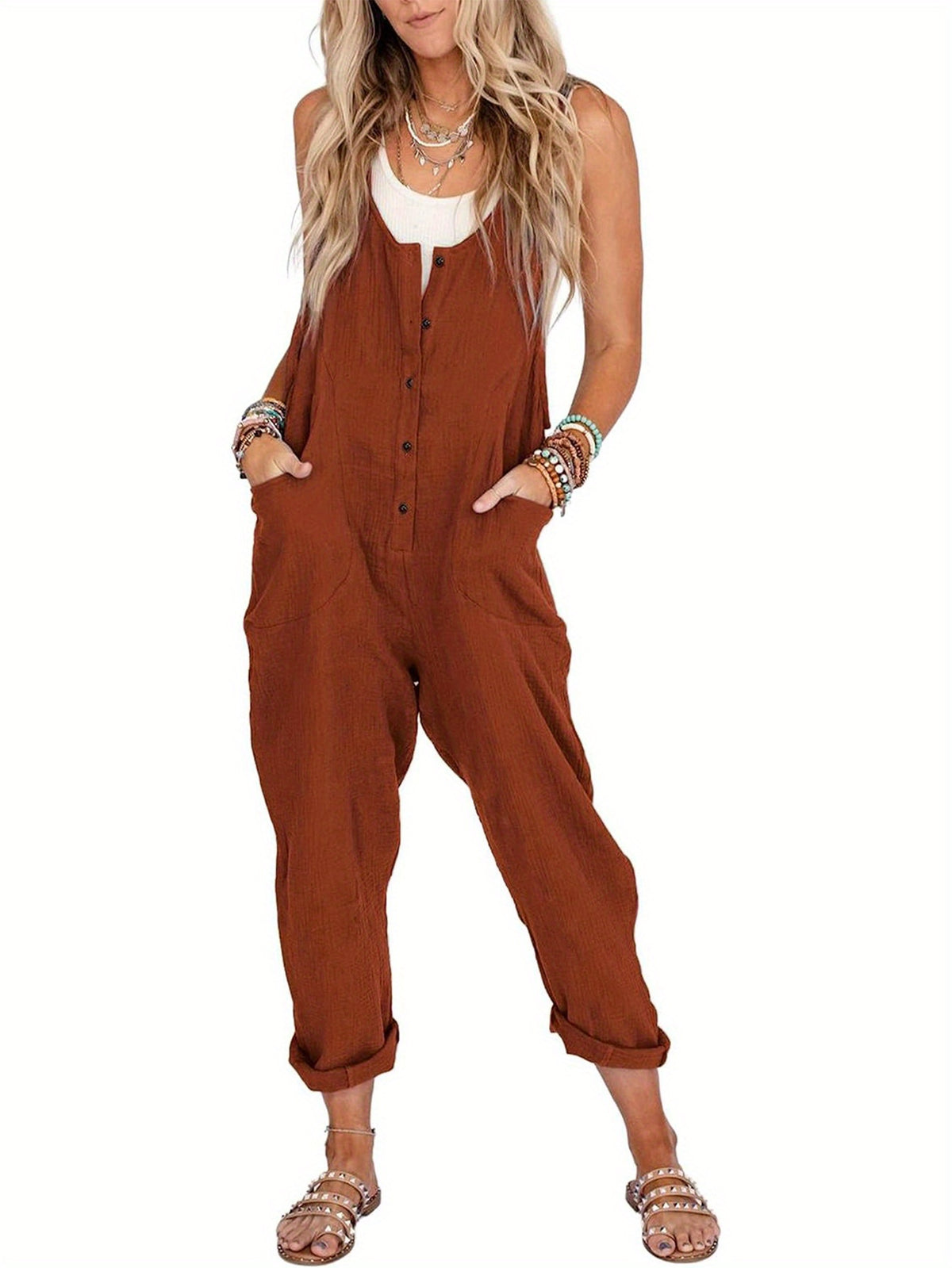 Linen Jumpsuit Women Wide Leg Casual Loose Overalls with Pockets Sleeveless Adjustable Strap Summer Palazzo Pants Romper Beige Black XS-XXL