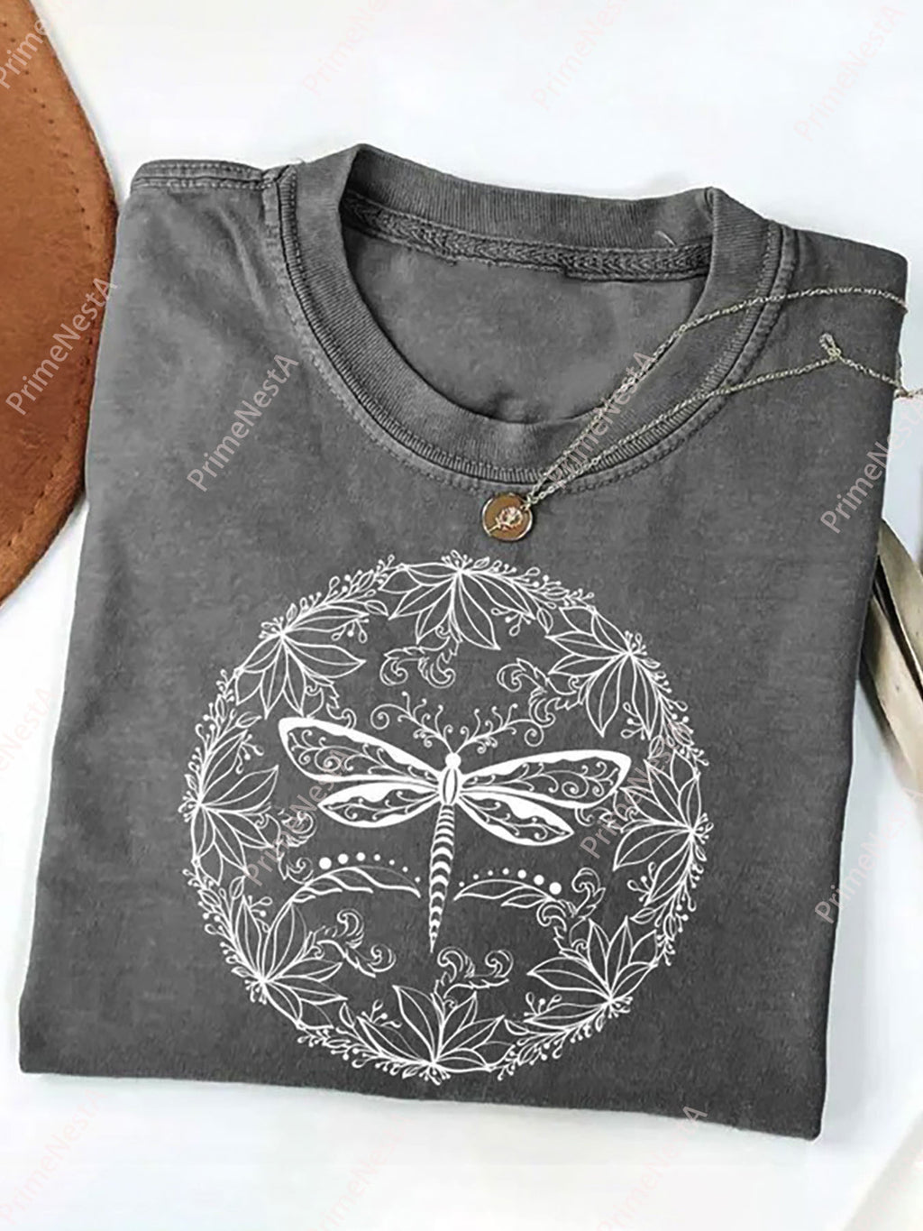 Batik Dragonfly Print Washed T-Shirt Women Retro Geometric Positioning Print Micro-Elastic 230gsm Soft Knit Casual All-Season Spring Summer Fall Holiday Gift S-XXL