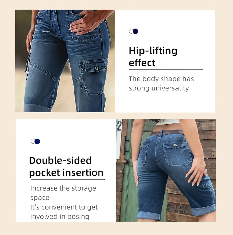 Cargo Capri Jeans Women Heavy Wash Splicing Design Elastic Fabric Hip Lifting Medium Blue Summer Leisure 5 Point Denim Shorts S-XXL