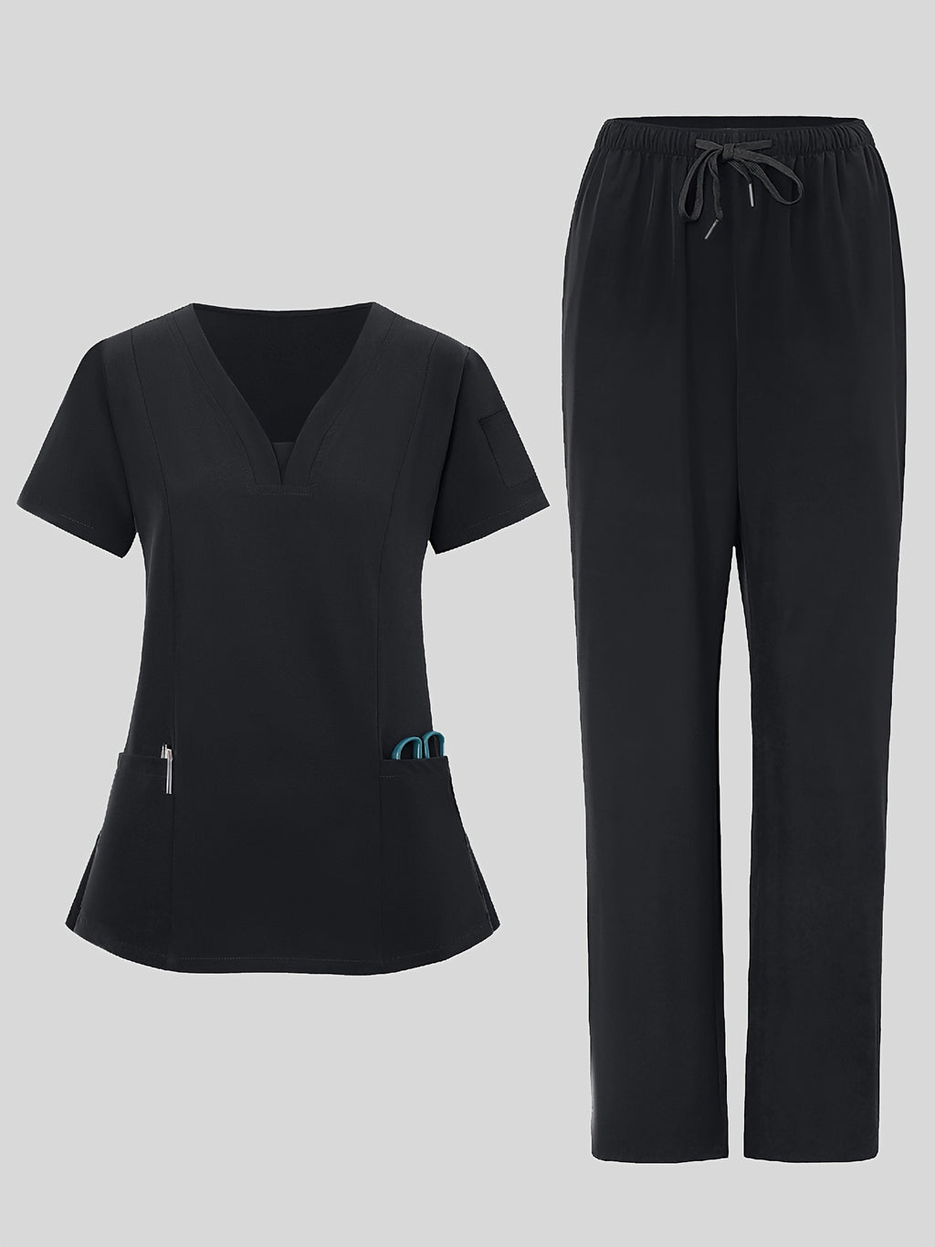 2pcs Women's V-Neck Work Uniform Set Breathable Pocket Top & Pants - Machine Washable Matching Scrub Suit for Healthcare, Education, Retail Casual Professional Attire