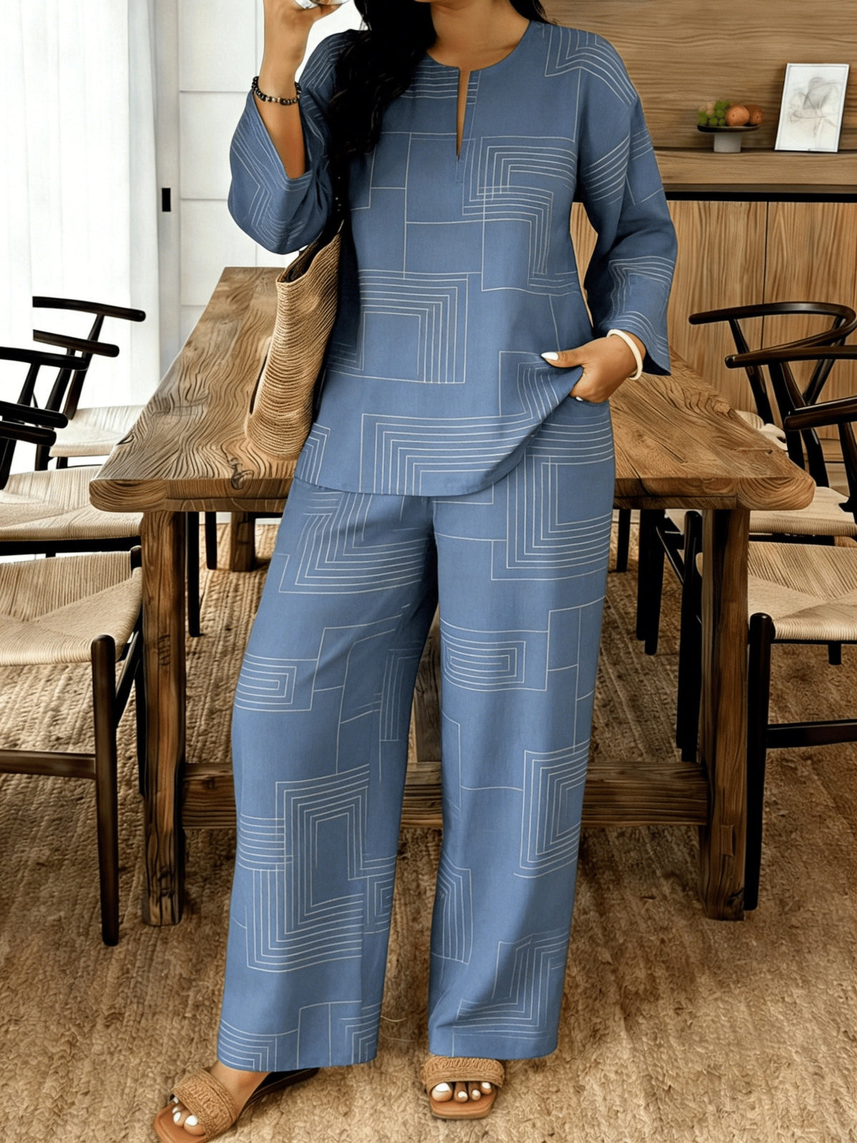 Women's 2-Piece Casual Suit Set V-Neck Loose Fit Top & Casual Pants Daily Wear Matching Outfit