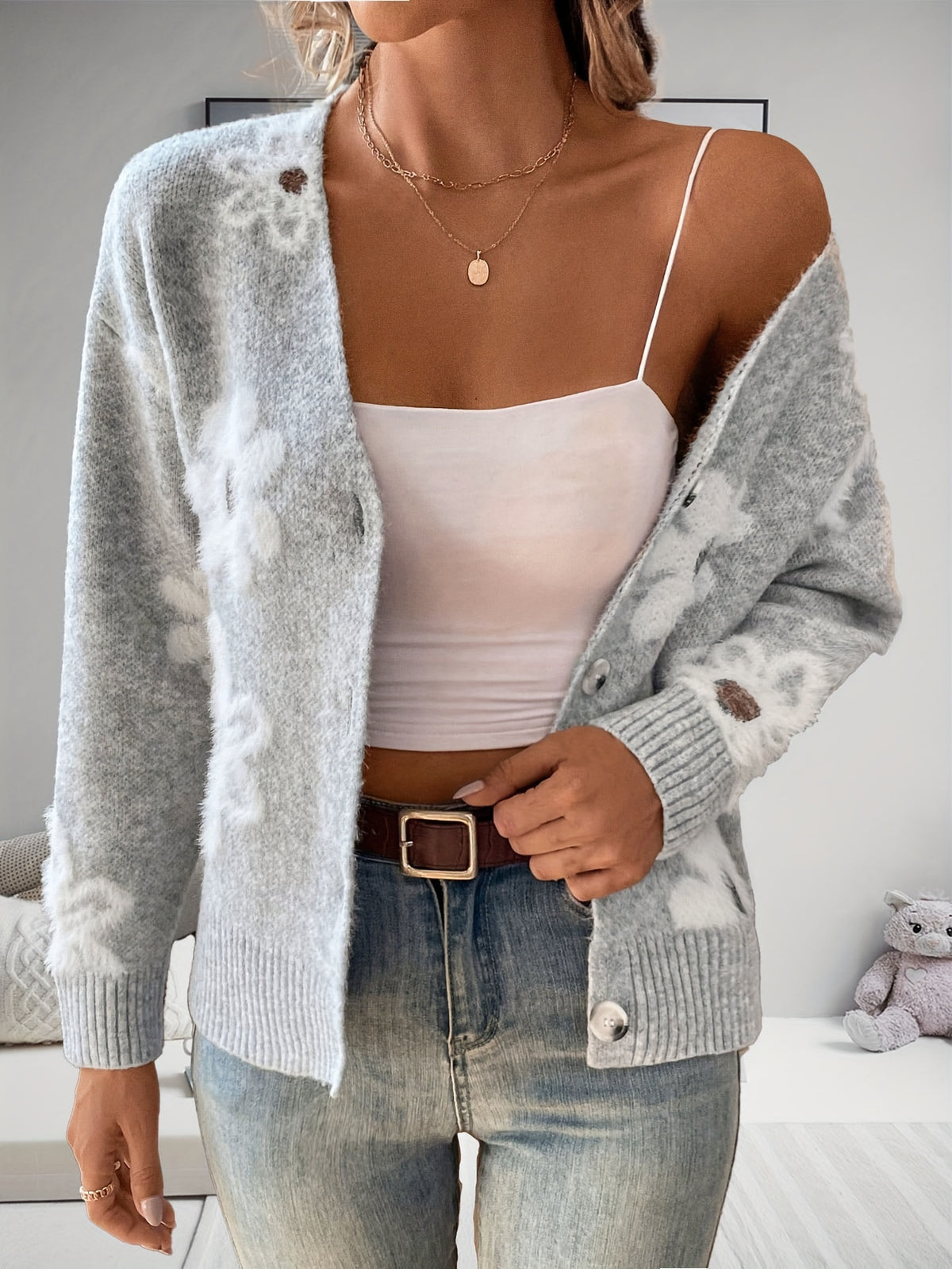 Women Floral Print Button Front Cardigan V Neck Long Sleeve Knitted Sweater Open Front Casual Spring Fall Boho Lightweight Knit Top