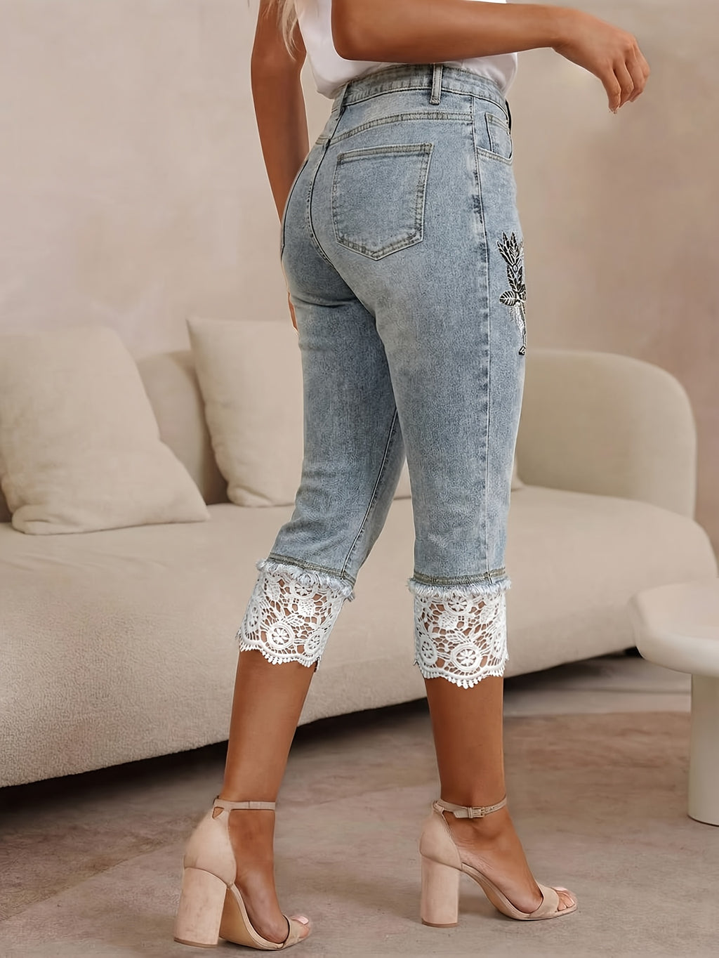 High Waist Embroidered Lace Trim Denim Capri Pants Women Light Blue Slim Fit Retro Sweet Casual Commute Date Spring Summer