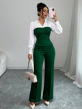 Striped Patchwork Long Sleeve Top Pants 2pcs Set Women Elegant Casual Chic Matching Outfit Dark Green Spring Fall Two-Piece S-XL