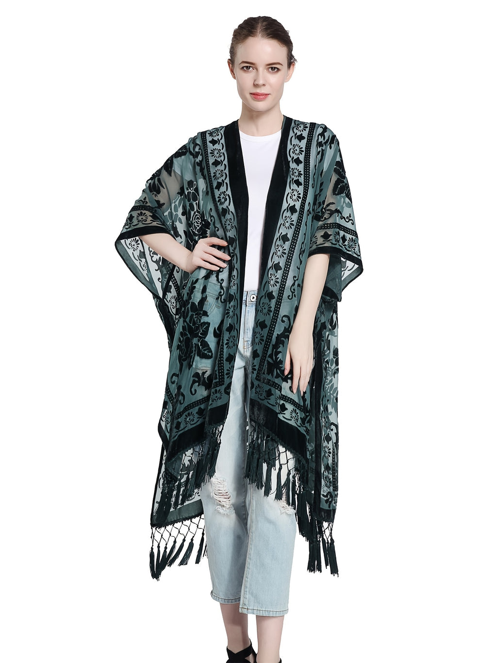 Boho Burnout Velvet Kimono Women Long Cardigan Cover Up Tassel Floral Embroidered One Size