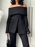 Women's Off-Shoulder Blazer Top Long Sleeve Front Slit Solid Color Single Button Waist Sexy Loose Spring Fall Polyester Jacket S-XXL