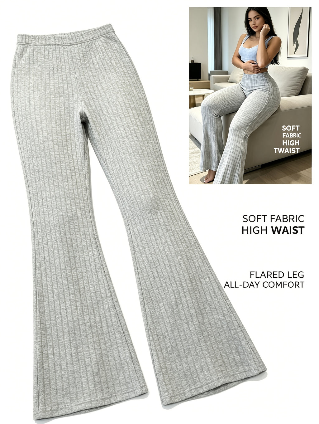 High Waist Flare Leg Pants Women 3-Pack Ribbed Stretchy Bootcut Curvy Black Gray S-XXL