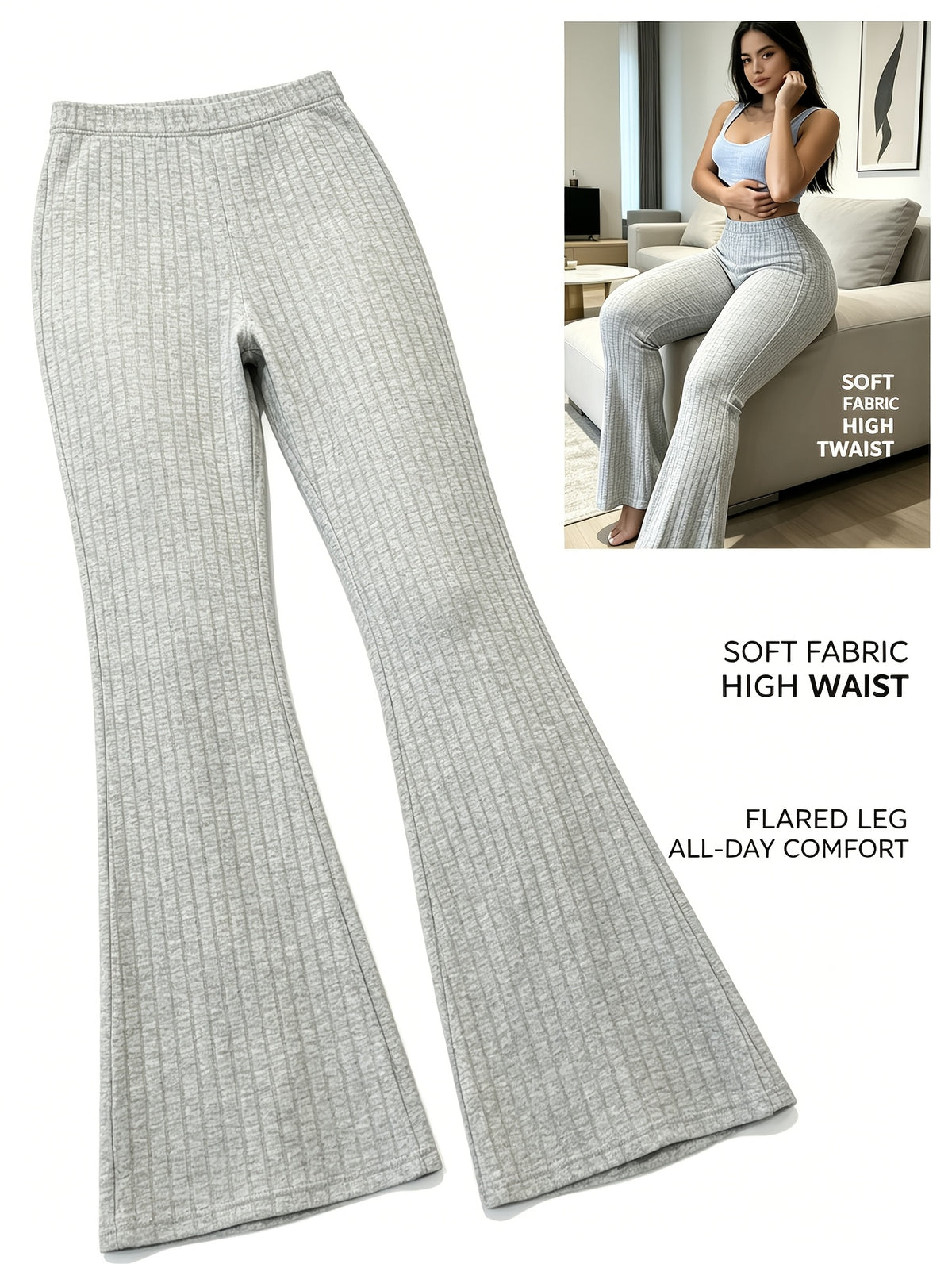 High Waist Flare Leg Pants Women 3-Pack Ribbed Stretchy Bootcut Curvy Black Gray S-XXL