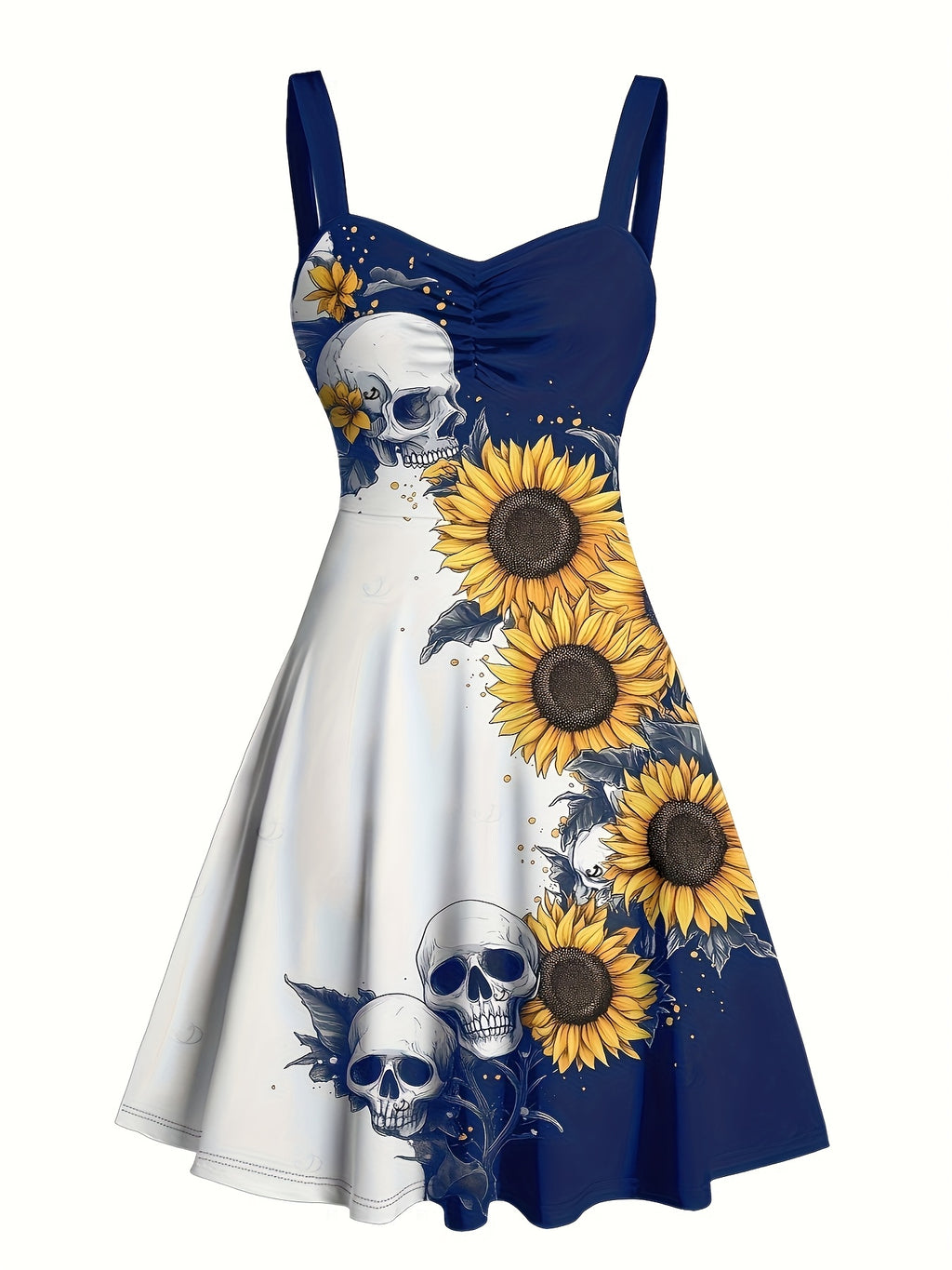 Gothic Sunflower Skull A-Line Mini Dress Women Sweetheart Spaghetti Strap Colorblock Ruched Belt Retro Halloween Dress S-XXL