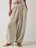 Wide Leg Pants Women Drawstring Loose Fit Casual Cropped Trousers Khaki Pockets Everyday Commute S-XXL