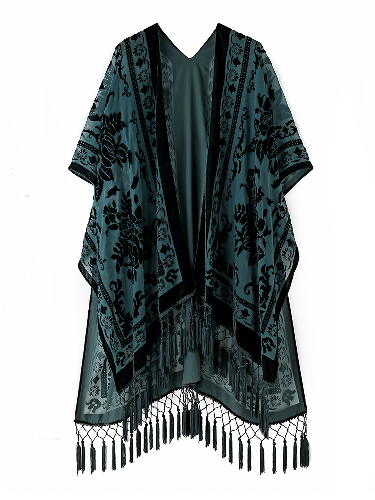 Boho Burnout Velvet Kimono Women Long Cardigan Cover Up Tassel Floral Embroidered One Size