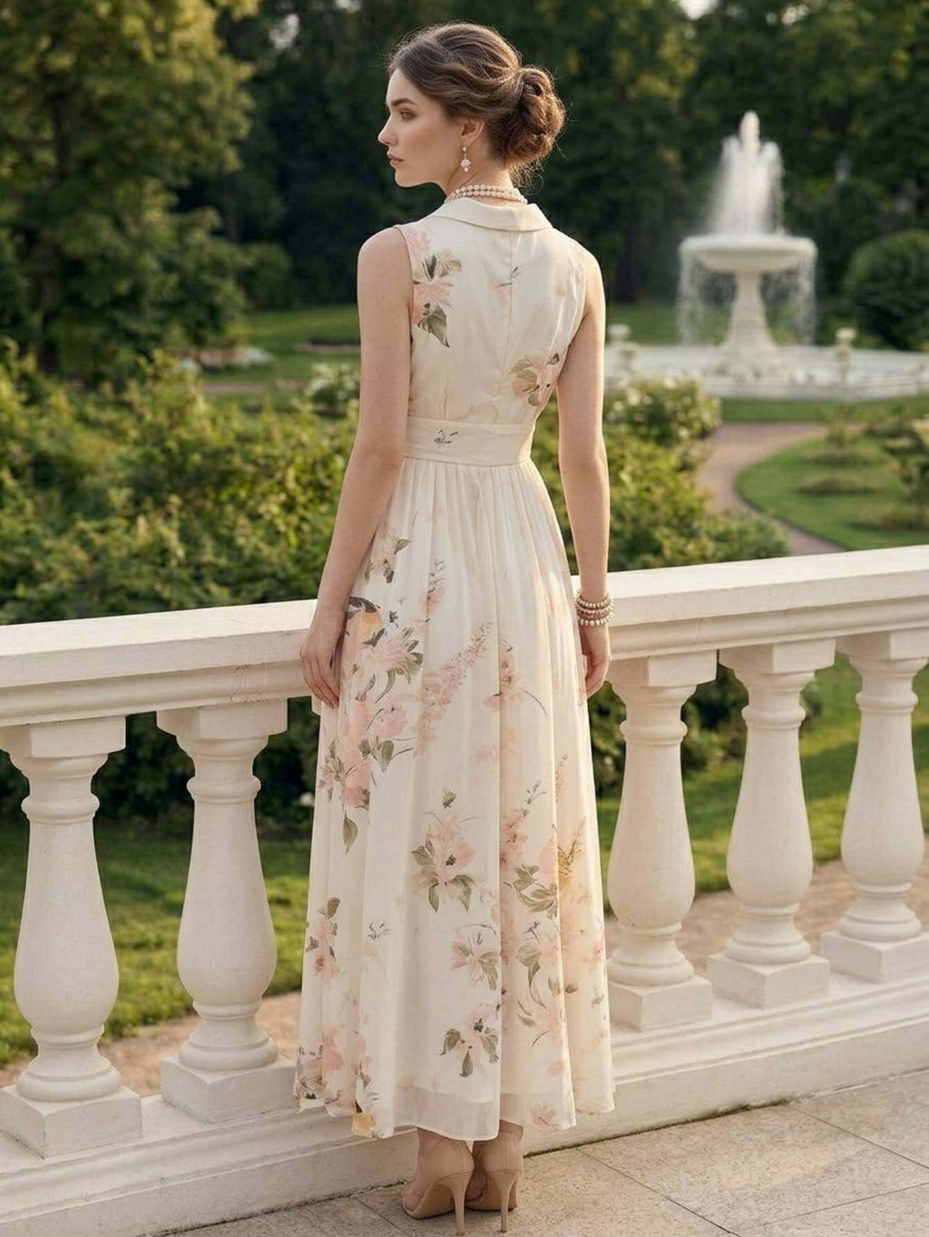 Vintage Print Lapel Dress Women Sleeveless Waist-Cinching Elegant A-Line Dress Spring Summer Date Afternoon Tea Semi-Formal Dress S-XXL