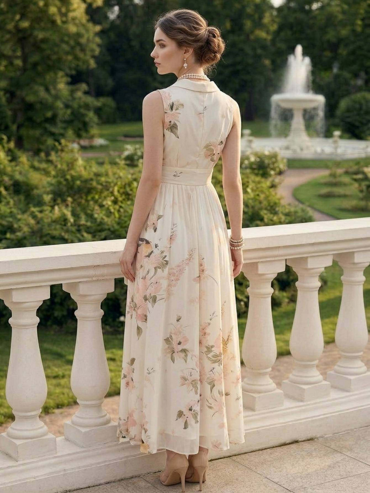 Vintage Print Lapel Dress Women Sleeveless Waist-Cinching Elegant A-Line Dress Spring Summer Date Afternoon Tea Semi-Formal Dress S-XXL