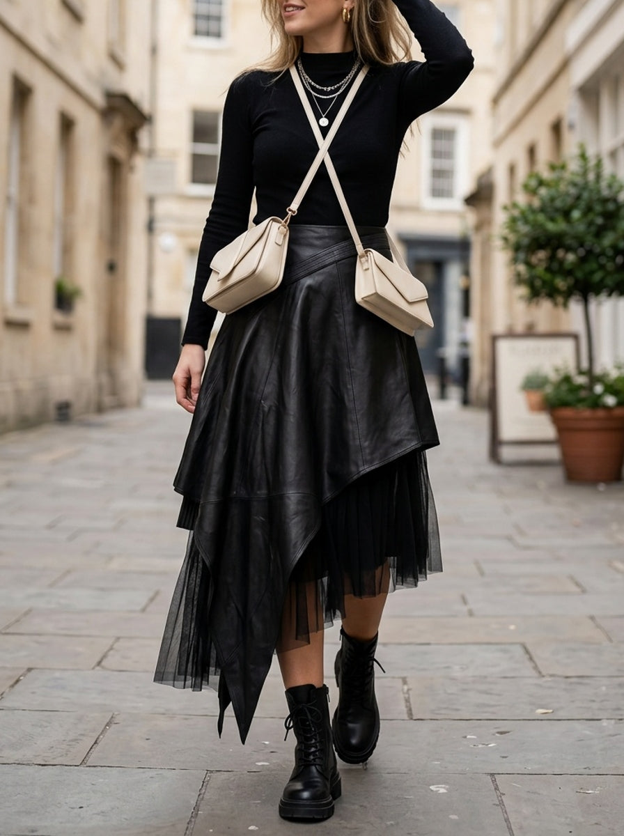 Black Asymmetric Lace Hem Skirt for Women, Elegant A-Line Midi Skirt Casual Spring Autumn Fashion Ladies Bottom with Irregular Hem