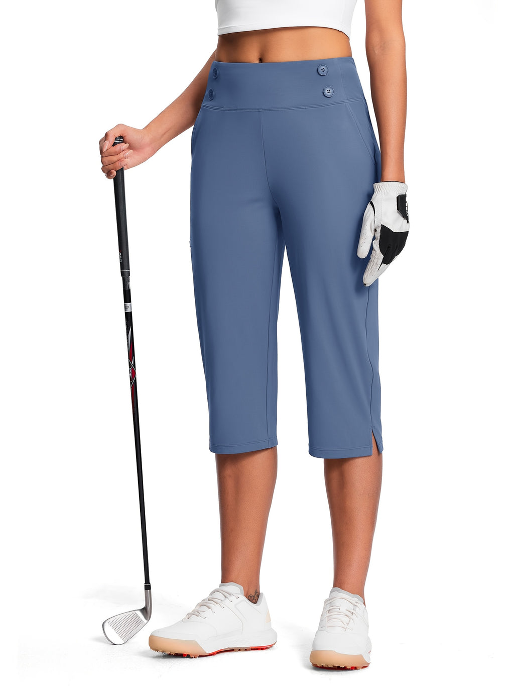 Dressy Stretch Capri Pants for Women High Waist – 18 Inch 82% Polyester 18% Spandex Knit, Elastic Waist Pockets Solid Color Work Casual Summer Spring Fall Comfortable Bottoms S-XXL