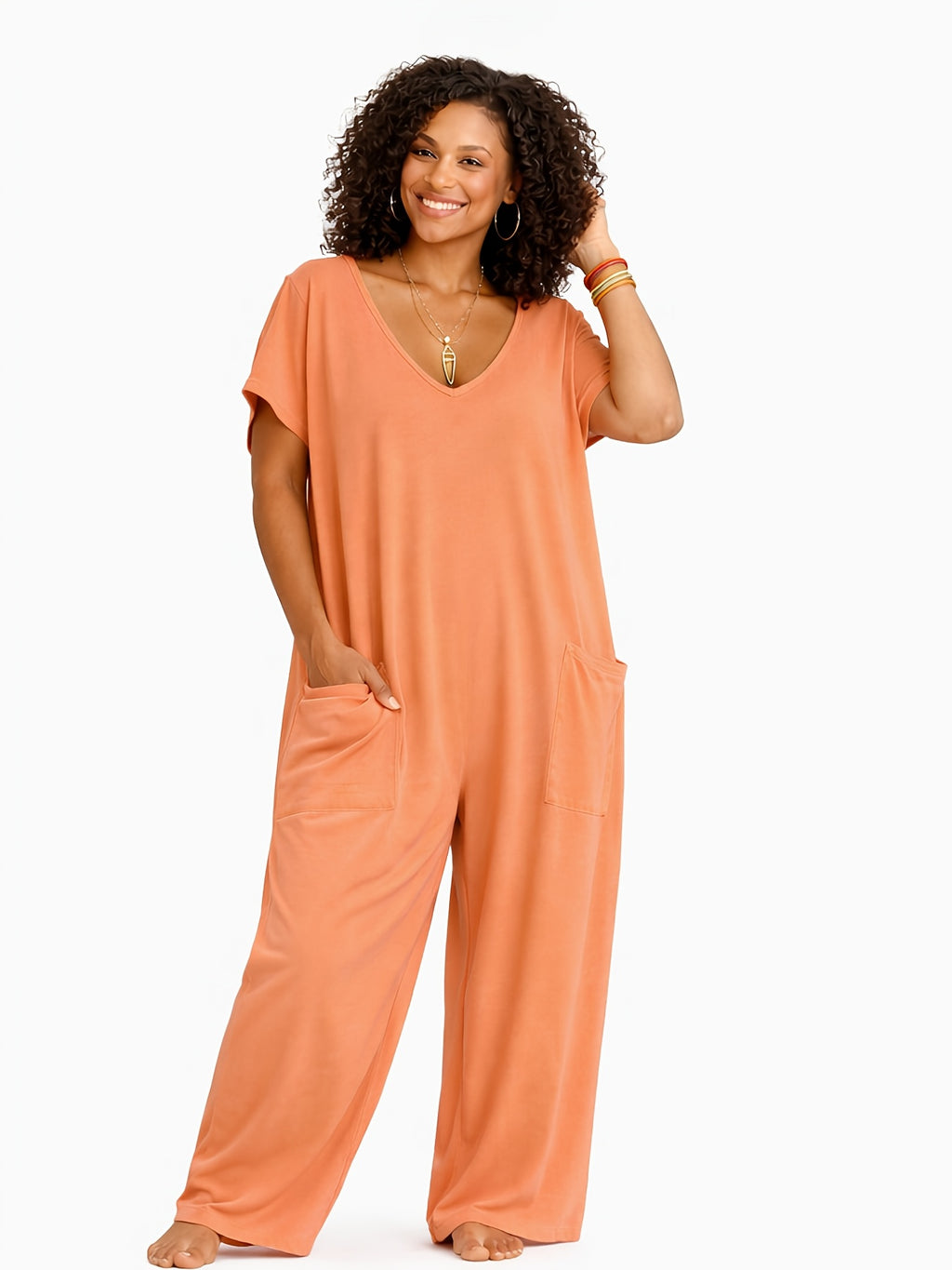 Oversized Loose Jumpsuit for Women with Pockets, V-Neck Short Sleeve Lightweight Casual One Piece, Solid Color Everyday Romper for Spring Summer Fall, Machine Washable