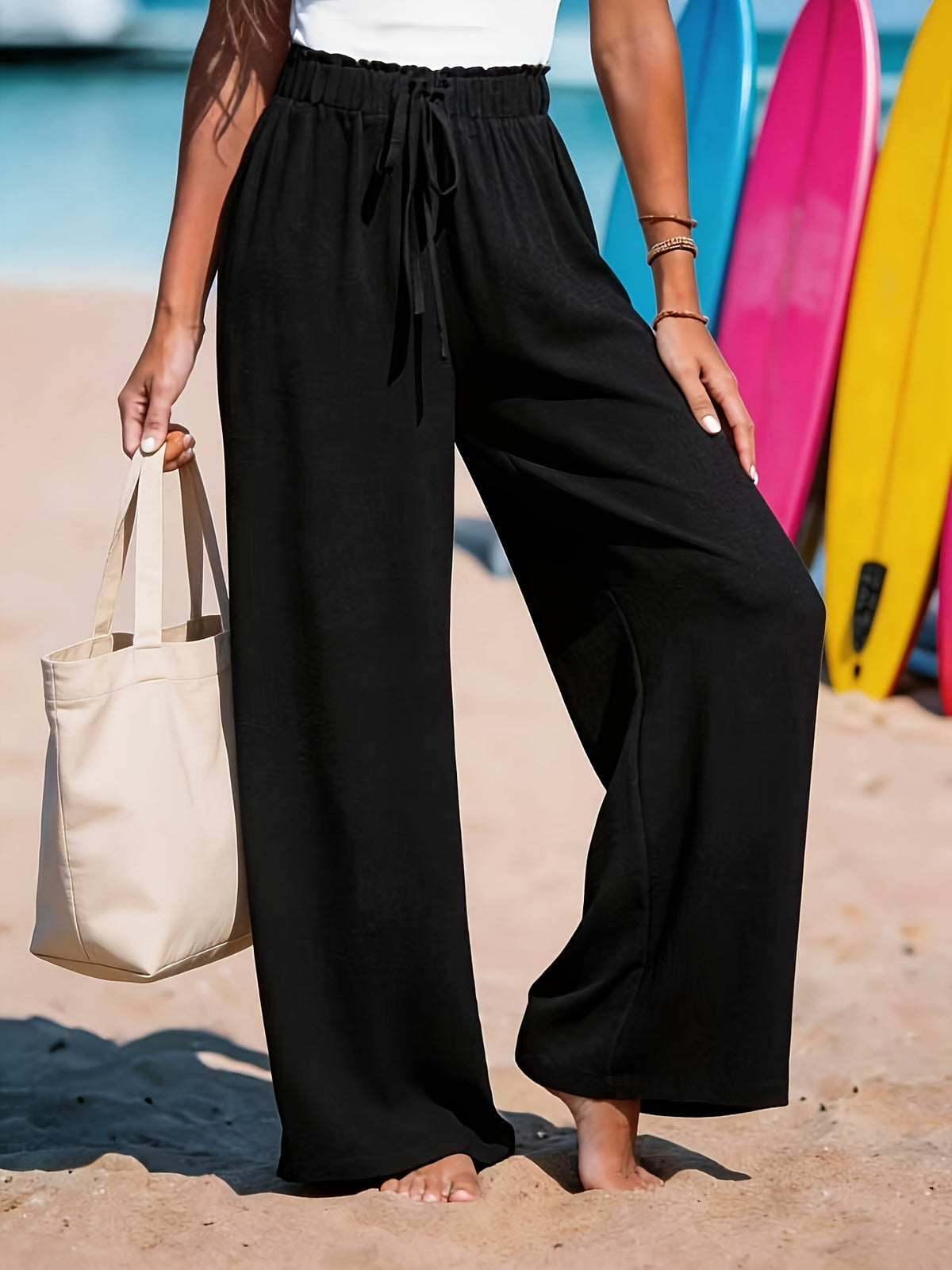 Solid Color Wide Leg Pants for Women – Elastic Waist Loose Fit Trousers with Pockets, Non-Transparent Breathable Fabric Casual Outdoor All-Season Machine Washable Comfortable Bottoms S-XXL