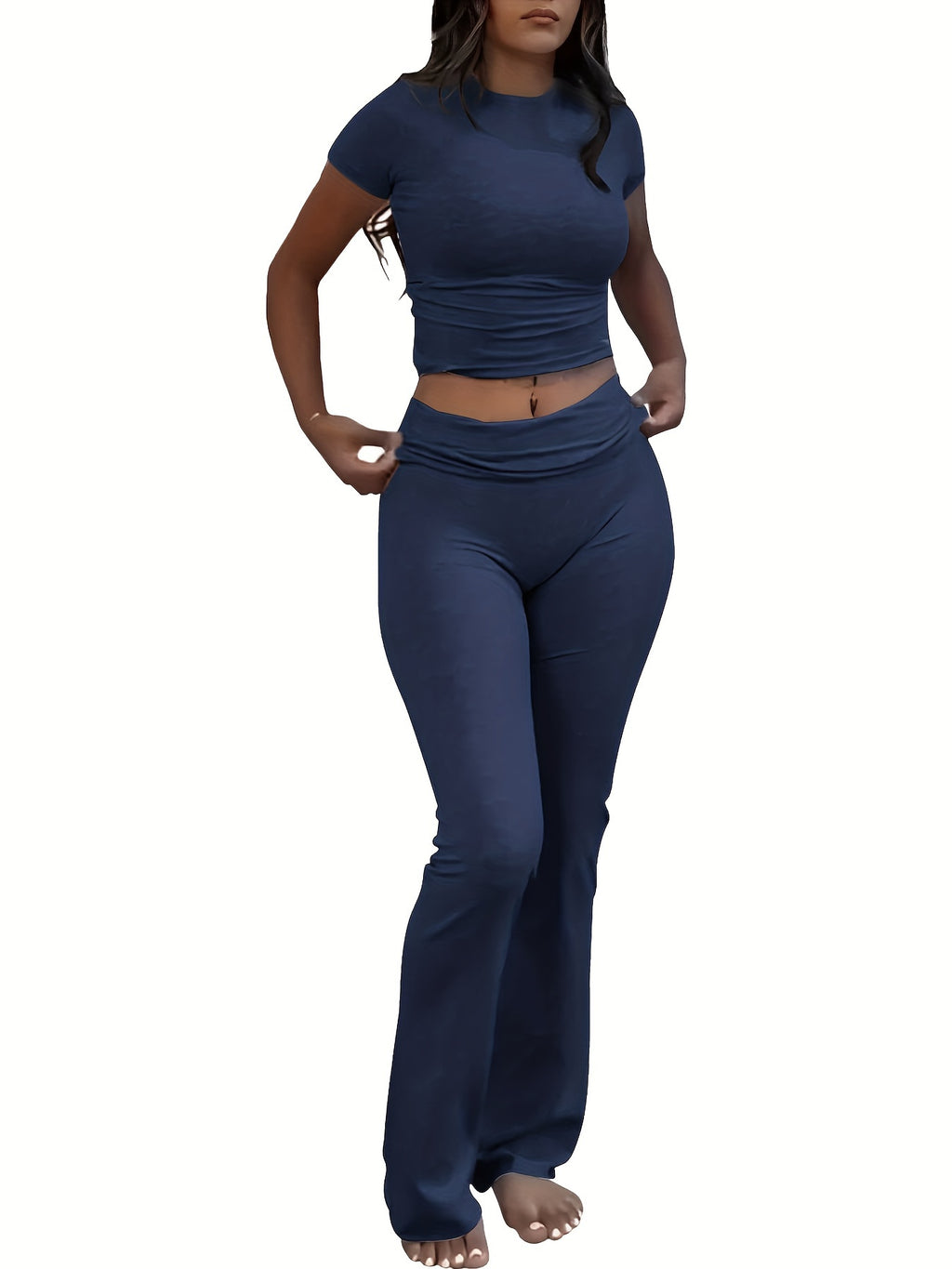 Women's Solid Color 2 Piece Set Short Sleeve Crew Neck T-Shirt & Skinny Flared Leg Pants Casual Matching Outfit