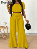 Off Shoulder Puff Sleeve Crop Top Tiered Wide Leg Pants 2pcs Set Women Smocked Waist Tie Front Textured Summer Beach Vacation Dating Casual Yellow Orange Blue S-XL