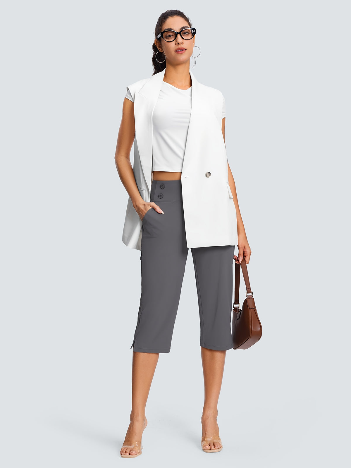 Dressy Stretch Capri Pants for Women High Waist – 18 Inch 82% Polyester 18% Spandex Knit, Elastic Waist Pockets Solid Color Work Casual Summer Spring Fall Comfortable Bottoms S-XXL