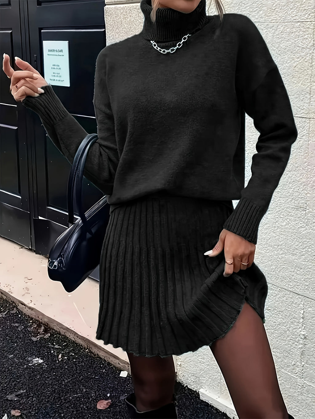 High-Neck Sweater Pleated Skirt Two-Piece Set Women Elegant Drop Shoulder Long Sleeve | Chic Knit Top + Pleated Skirt Co-Ord for Fall Winter Office & Daily Wear