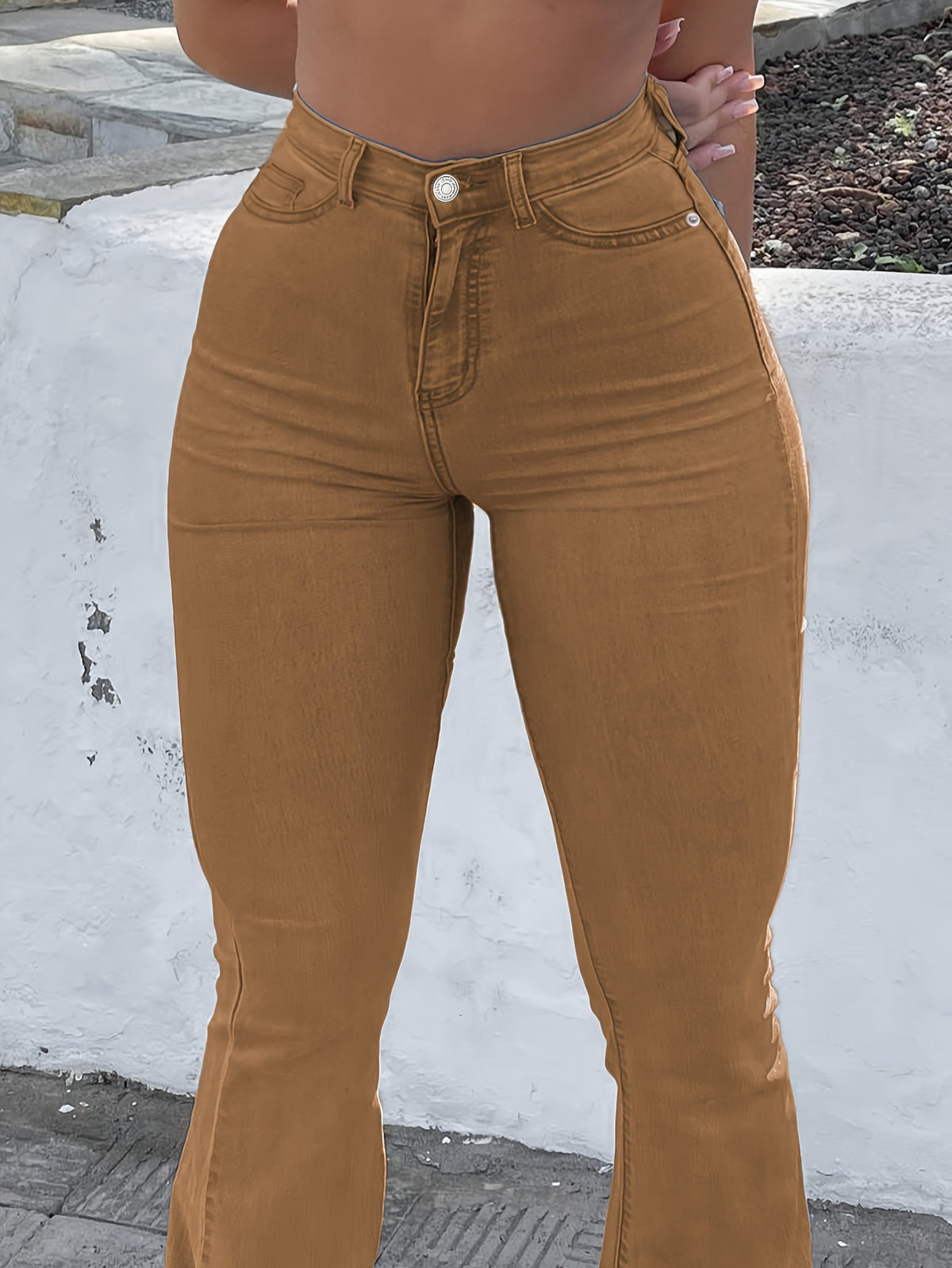 High Waist Stretch Flare Jeans Women Wide Leg Pants with Pockets – Solid Color Street Style, All-Season Comfortable Denim, Machine Washable