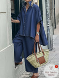 2 Piece Set Women Collared Short Sleeve Loose Top Wide Leg Pants Spring Summer Casual Polyester Coord Outfit S-XXL