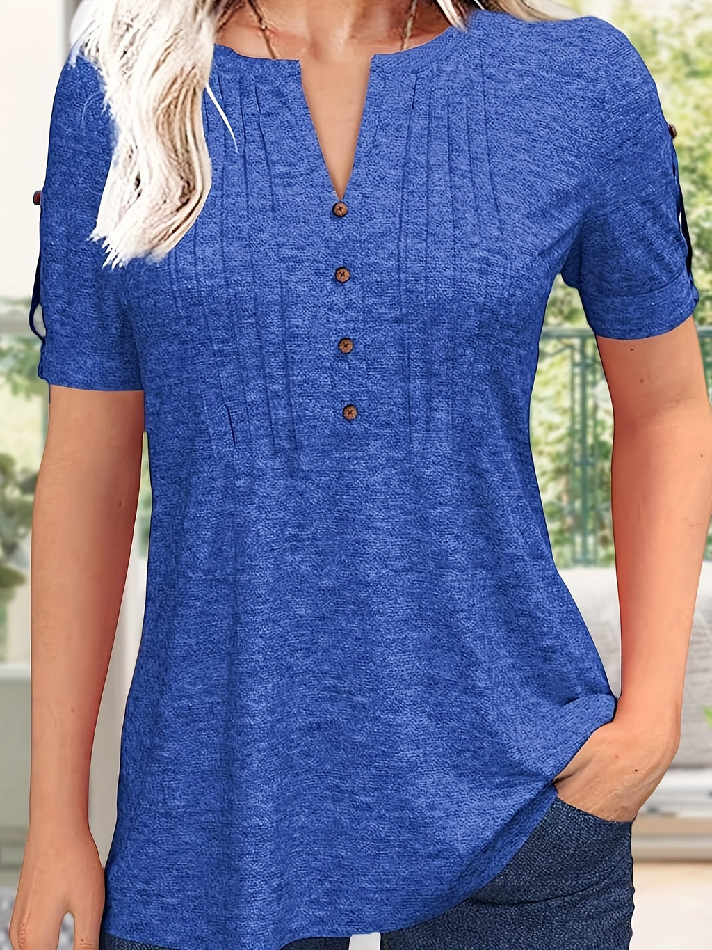 Button Front V-Neck Top Women Pleated Detail Short Sleeve Solid Color Casual Summer Blouse Lightweight Breathable Machine Washable