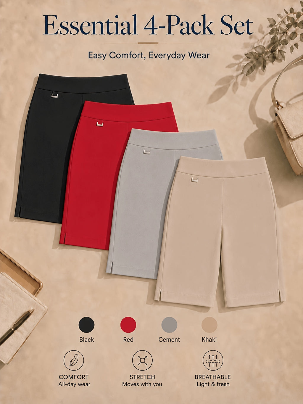 Women's Bermuda Shorts 4-Pack Pull-On Stretchy Breathable Knee Length Work Shorts with Side Slit Hem Skin-Friendly Multi-Color Set