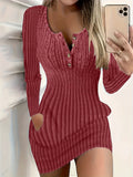 Solid Color Button Slim Dress Women Knit Micro-Elastic Elegant Spring Fall Casual Dress