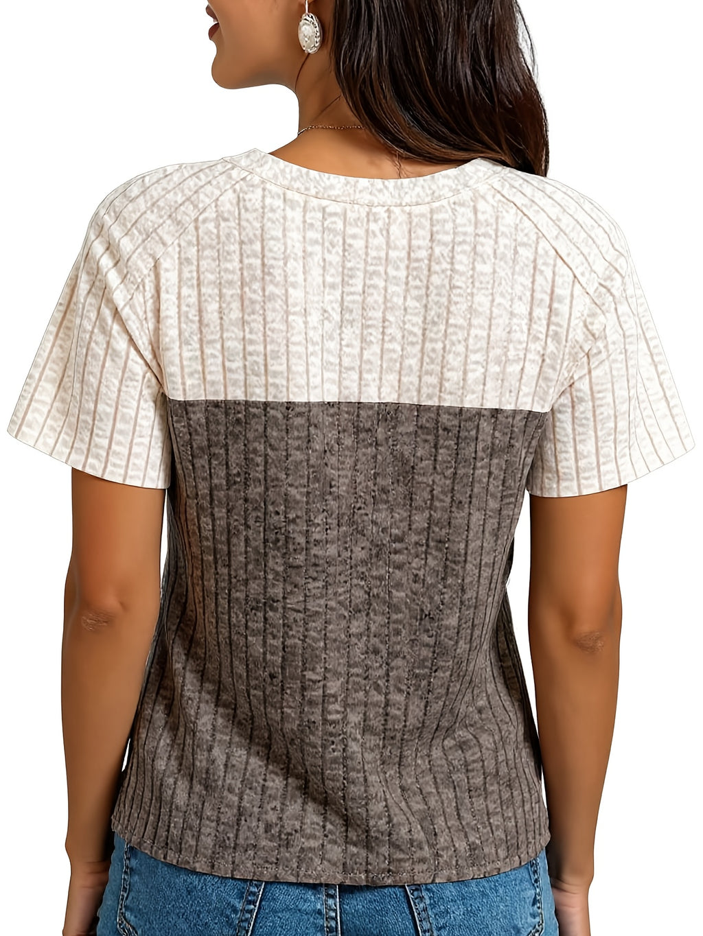 Two-Tone Button Round Neck Women Pullover Top Short Sleeve Loose Casual Elegant Basic Shirt Colorblock Spring Summer Daily Wear