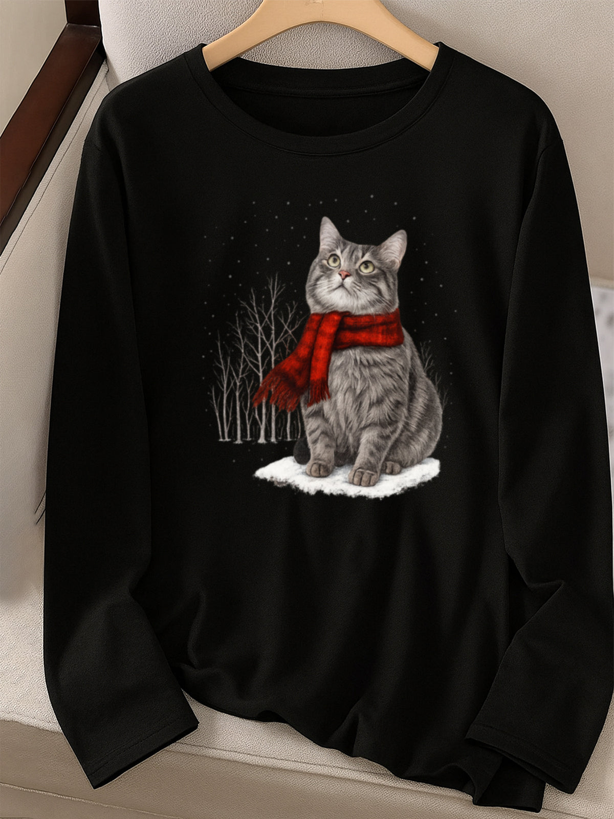 Christmas Cat Print Women Long Sleeve T-Shirt Crew Neck Casual Holiday Graphic Tee Soft Breathable Multi-Color Top Spring Fall