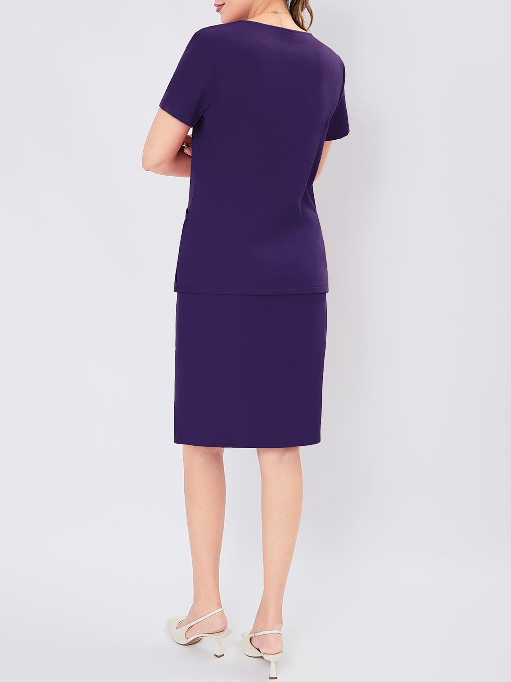 Women's V-Neck Scrub Set Short Sleeve Medical Uniform Beauty Salon Polyester Solid Color Top & Skirt with Pockets