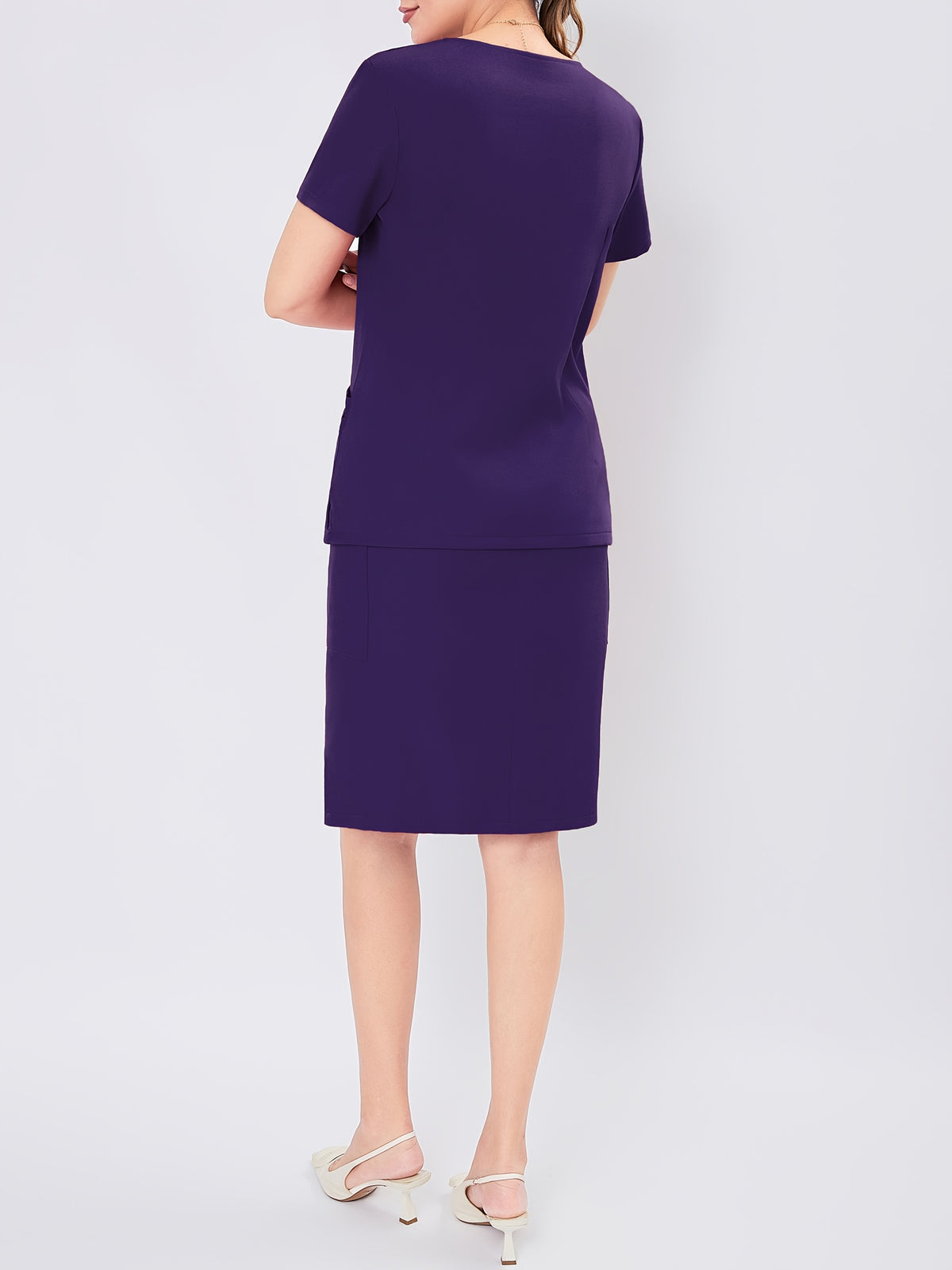 Women's V-Neck Scrub Set Short Sleeve Medical Uniform Beauty Salon Polyester Solid Color Top & Skirt with Pockets