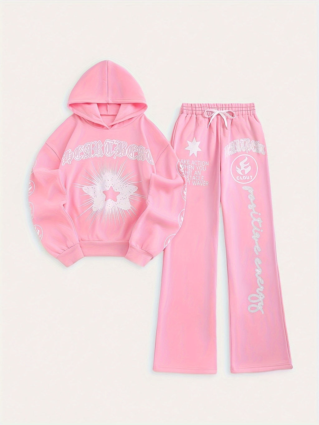 Hoodie Sweatpants Set Women Focused Growth Print Pullover Tracksuit 95% Polyester 250g Lace-Up Detail Casual Jogger Lounge Set S-XXL