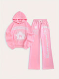 Hoodie Sweatpants Set Women Focused Growth Print Pullover Tracksuit 95% Polyester 250g Lace-Up Detail Casual Jogger Lounge Set S-XXL