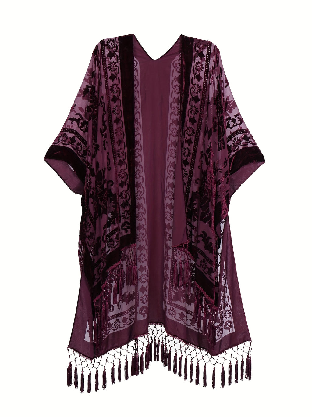 Boho Burnout Velvet Kimono Women Long Cardigan Cover Up Tassel Floral Embroidered One Size