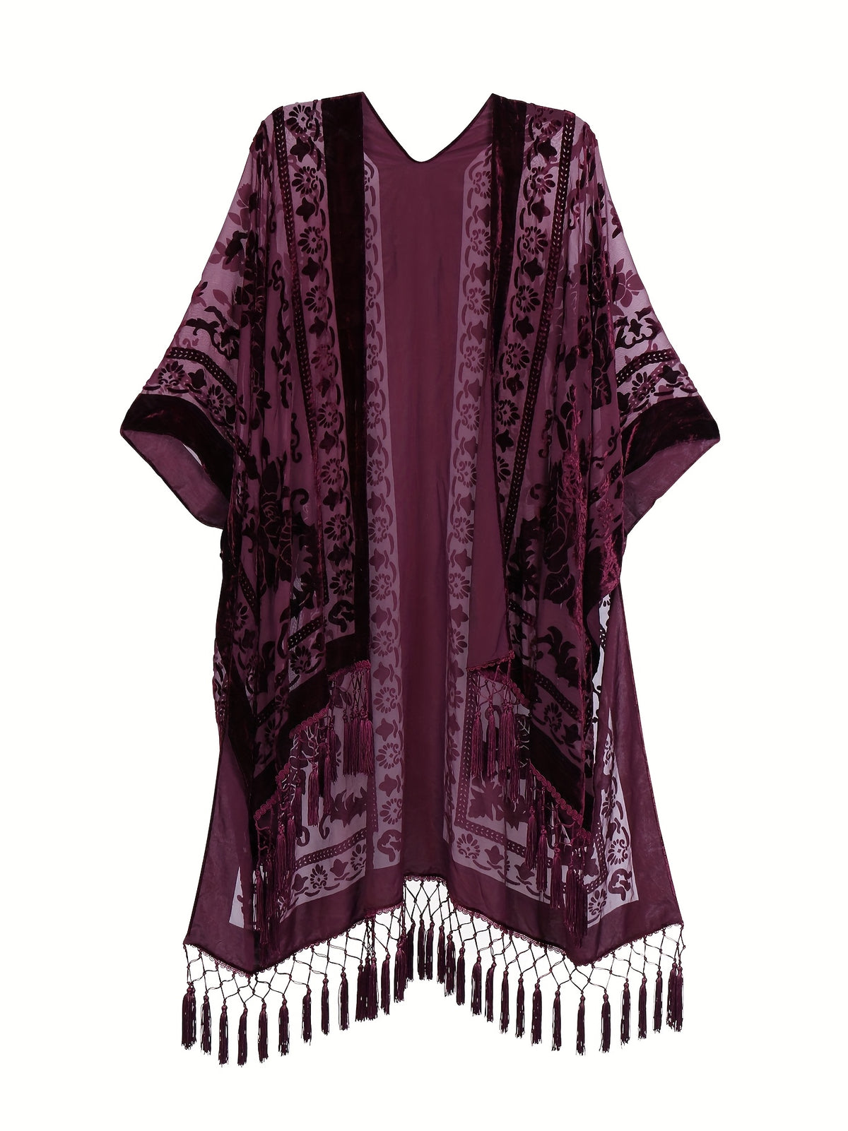 Boho Burnout Velvet Kimono Women Long Cardigan Cover Up Tassel Floral Embroidered One Size