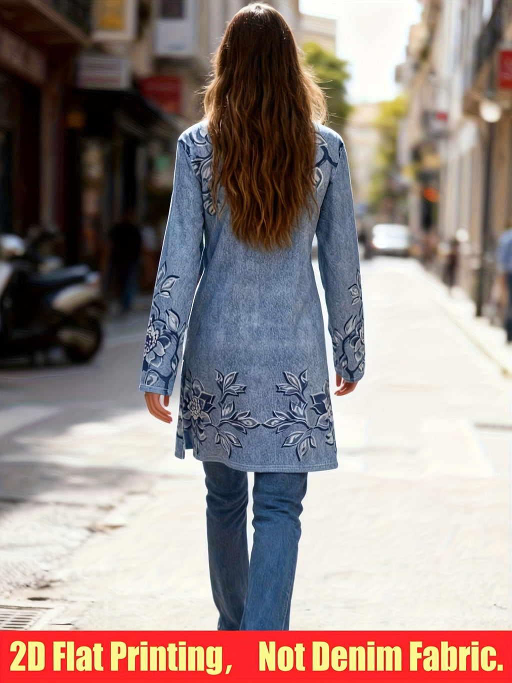 Denim Print Slit Dress Women Casual Elegant Midi Dress Youthful Stretchy Spring Fall Event Dress S-XXL