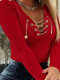 Metal Chain V-Neck Women Long Sleeve Top Slim Fit Elegant Casual Blouse Chic Embellished Spring Fall Winter Shirt