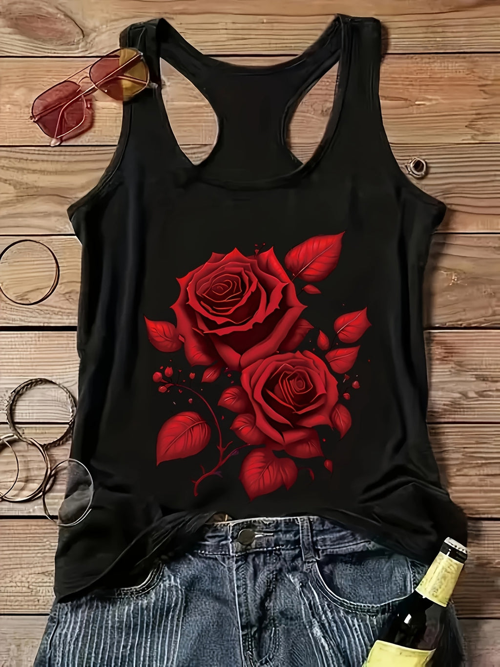 Off-Shoulder Rose Print Tank Top for Women Vacation Casual Sleeveless Shirt Red Floral Elastane Blend Spring Summer Machine Washable Beach Top