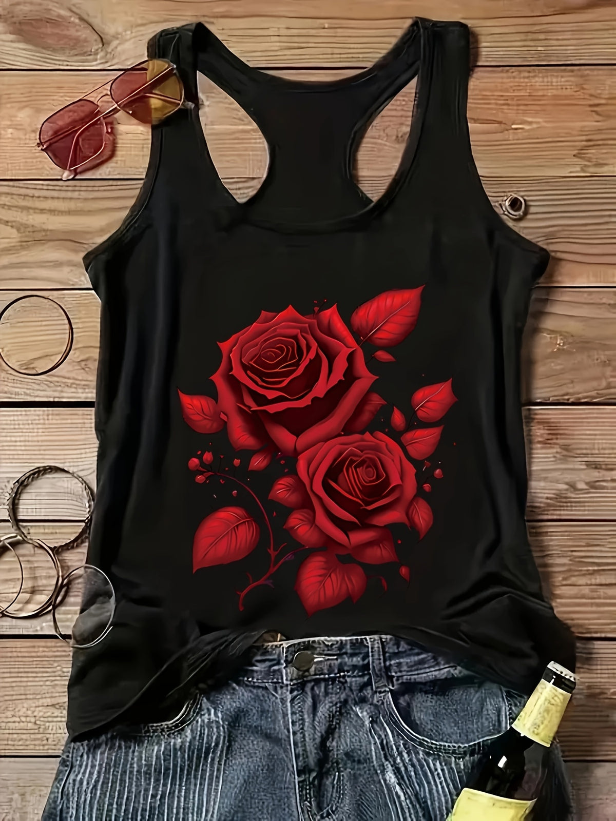 Off-Shoulder Rose Print Tank Top for Women Vacation Casual Sleeveless Shirt Red Floral Elastane Blend Spring Summer Machine Washable Beach Top