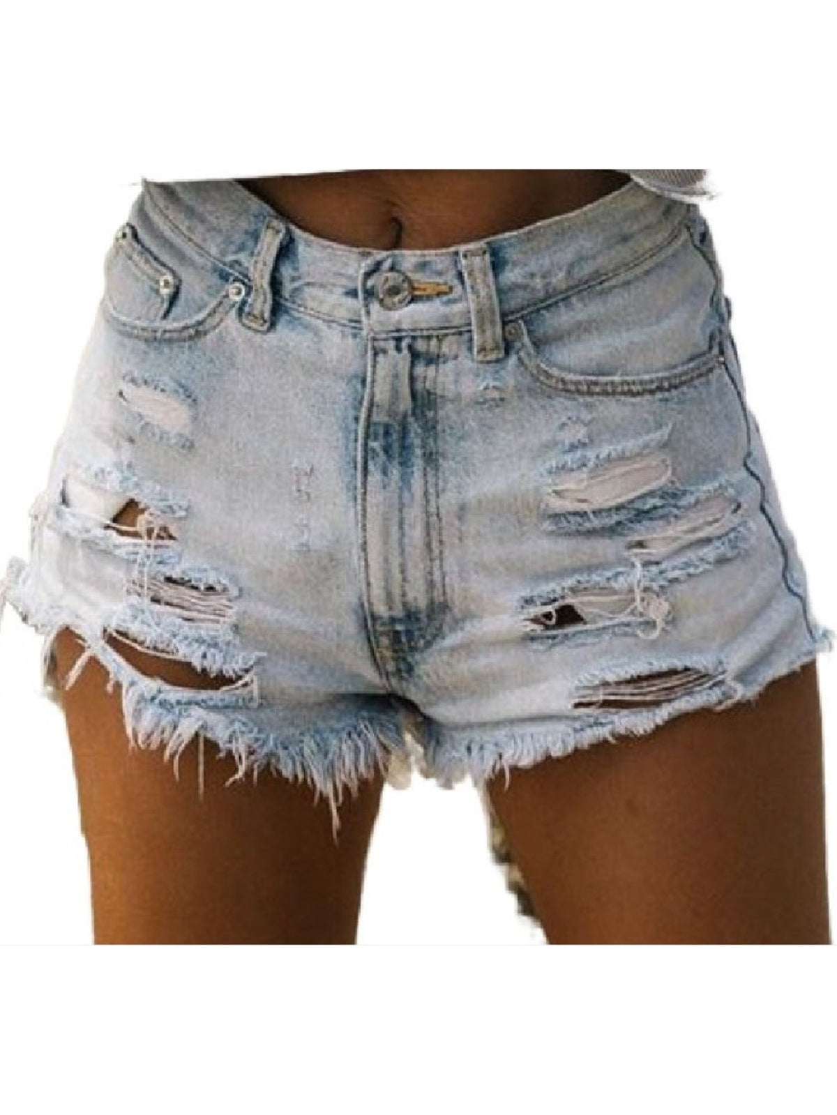 High Waisted Ripped Denim Shorts Women Frayed Hem Tassel Distressed Stretch Fit Light Blue Summer Casual S-XXL