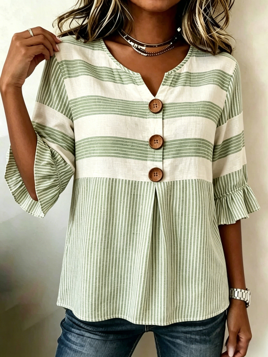 Striped V-Neck Blouse Women Ruffle 3/4 Sleeve Loose Fit Tunic Top Lightweight Linen Button Detail Summer Shirt S-2XL