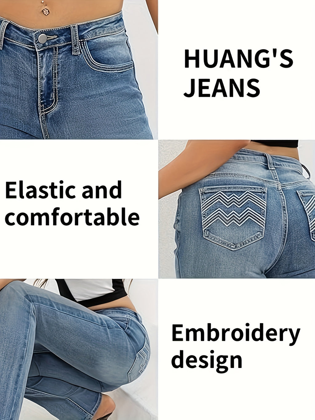 Embroidered Flare Pants Women Stretch Contrast Stitching Vintage Blue - Elegant Fashion Long Pants, All Season Chic Streetwear, Classic Stylish Wide Leg Silhouette, No Belt