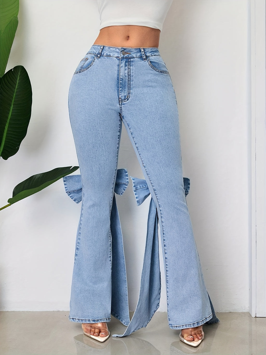 Bow Ribbon Flare Jeans Women Mid Rise Slim Fit Stretch Denim Light Blue Vintage Wash Casual All Season S-XXL