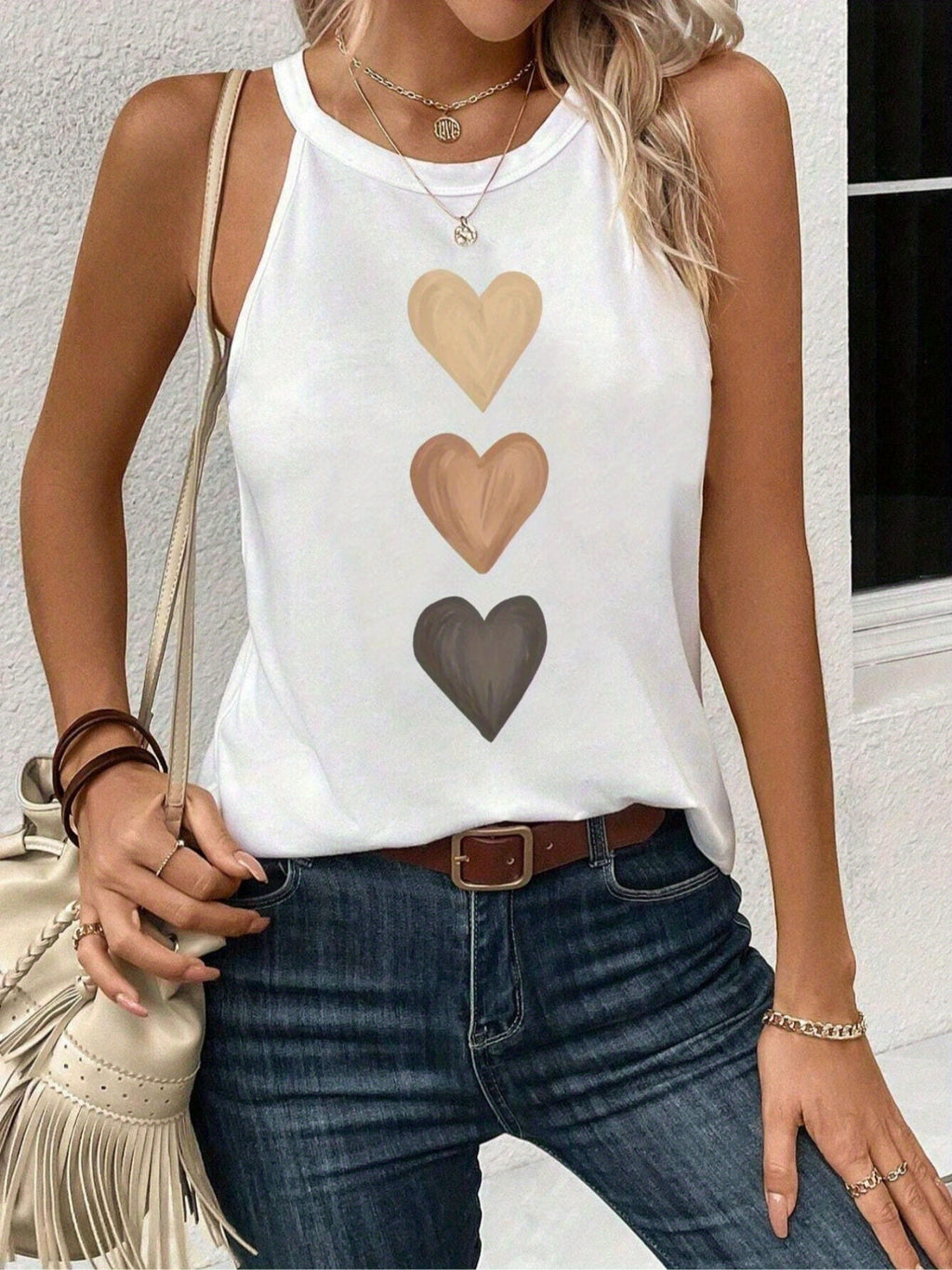 Heart Print Tank Top for Women | Cute Sleeveless Vest Shirt | Round Neck Casual Summer Top | Lightweight Polyester Graphic Tee Women White